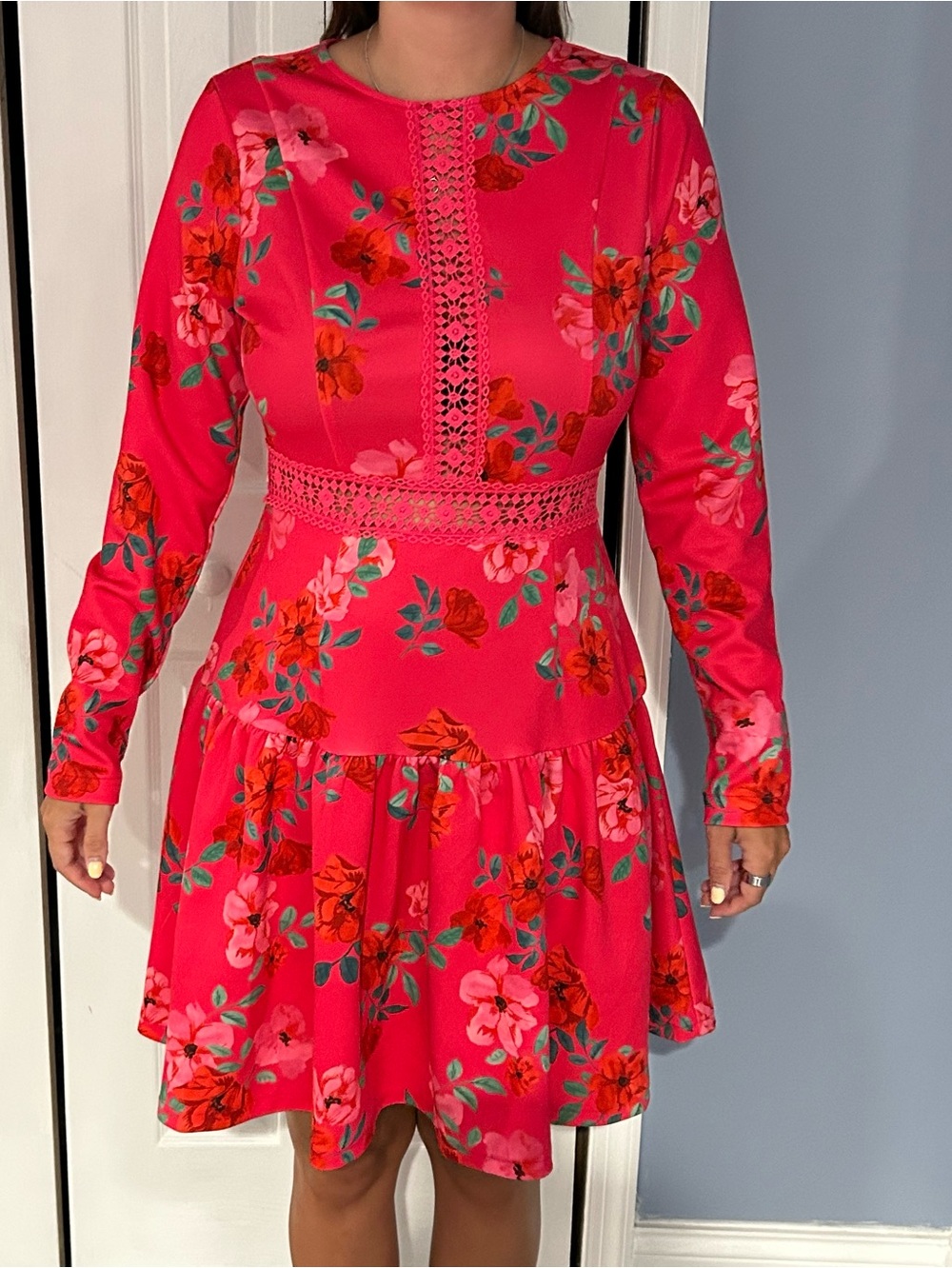 Alexia Admor Hot Pink Floral Midi Dress with Lace Trim - Picture 1 of 6